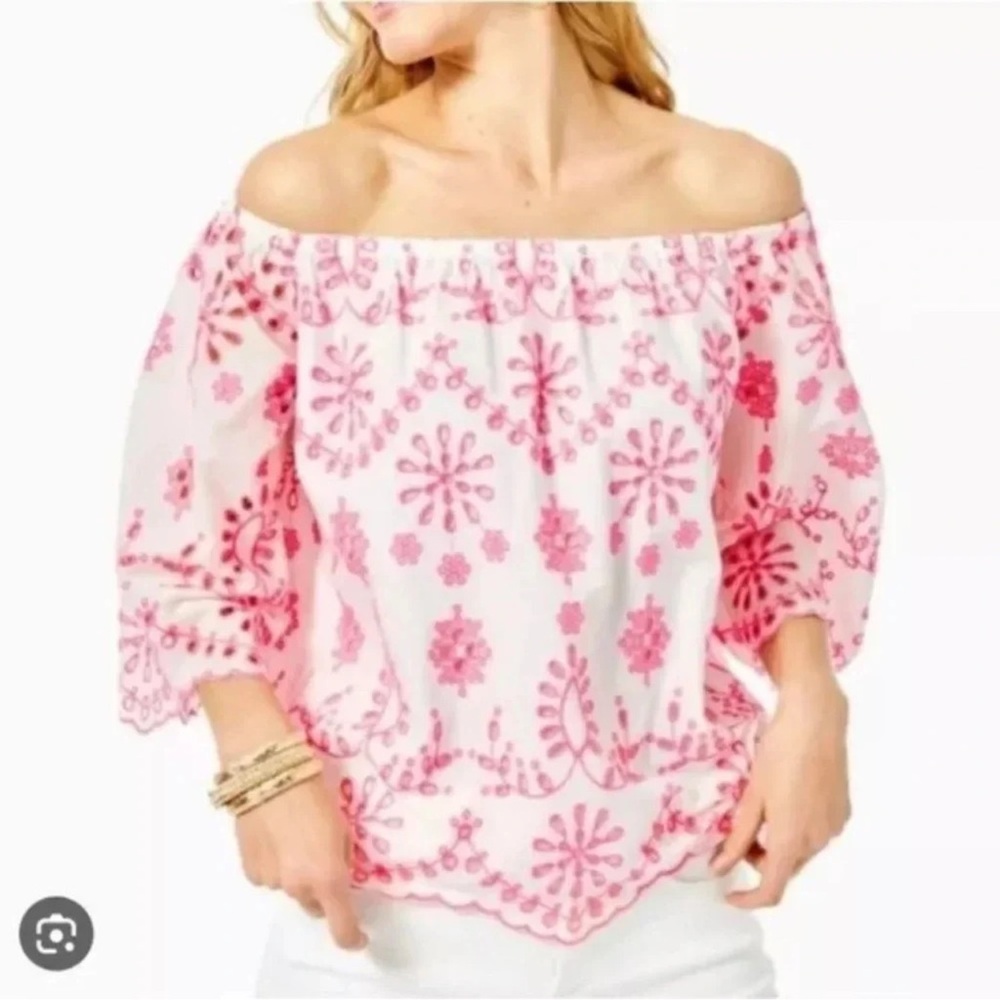 Lilly Pulitzer Laurenne Eyelet Bright Punk White Off the Shoulder Scalloped Top